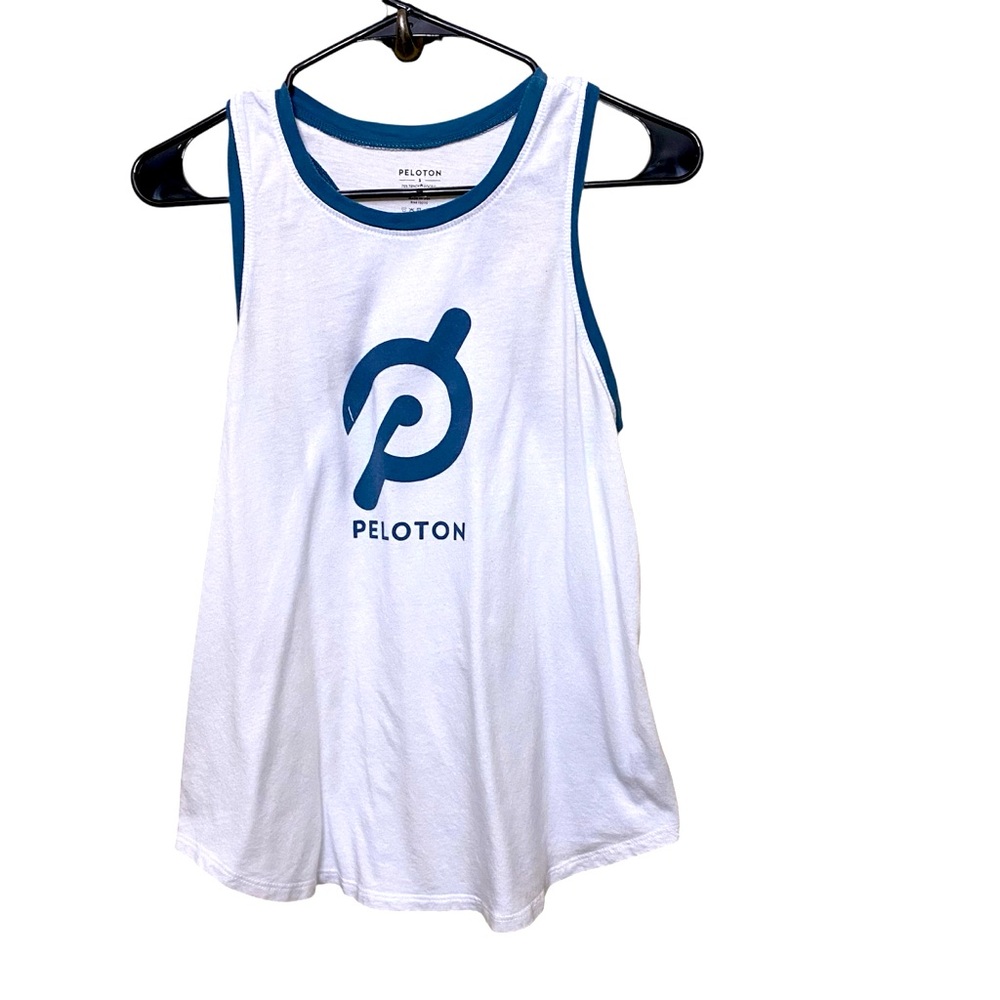 NWOT Peloton Logo Tank. White w/blue trim and logo. Soft Tencel fabric. Size S